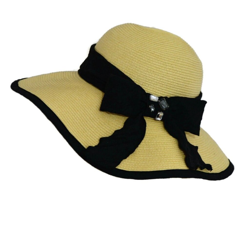 Grace Hat Womens Gold Romance Natural Straw with Black Ribbons and Jewels NEW